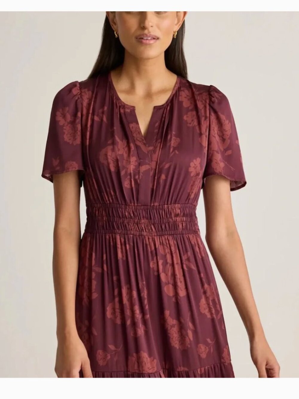 Quince Washable Silk Tiered Maxi Dress XL Burgundy Floral Wedding Guest NEW - Picture 2 of 10